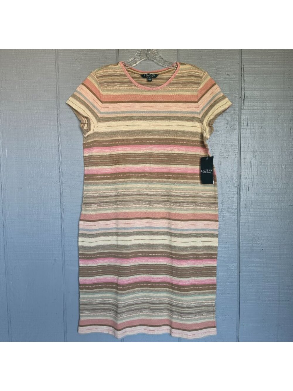 Lauren Ralph Lauren Striped Knit Midi Dress S Tan Pink Coastal Preppy Resort NWT